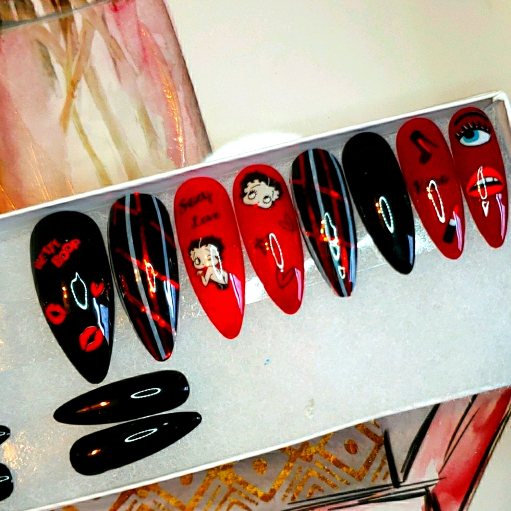 Black BETTY BOOP reusable gel press on nails